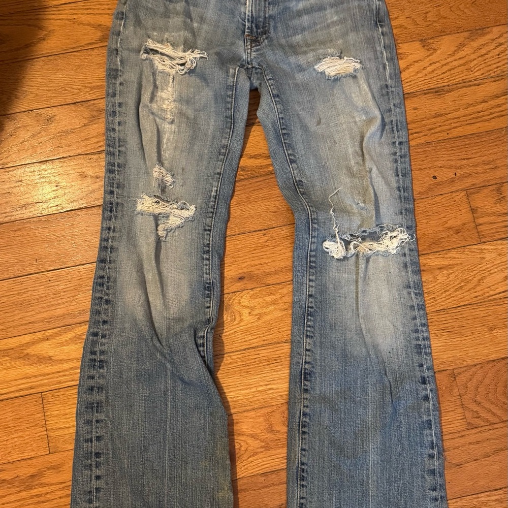 7 For All Mankind Blue Boot Cut Jeans with Distressed Details